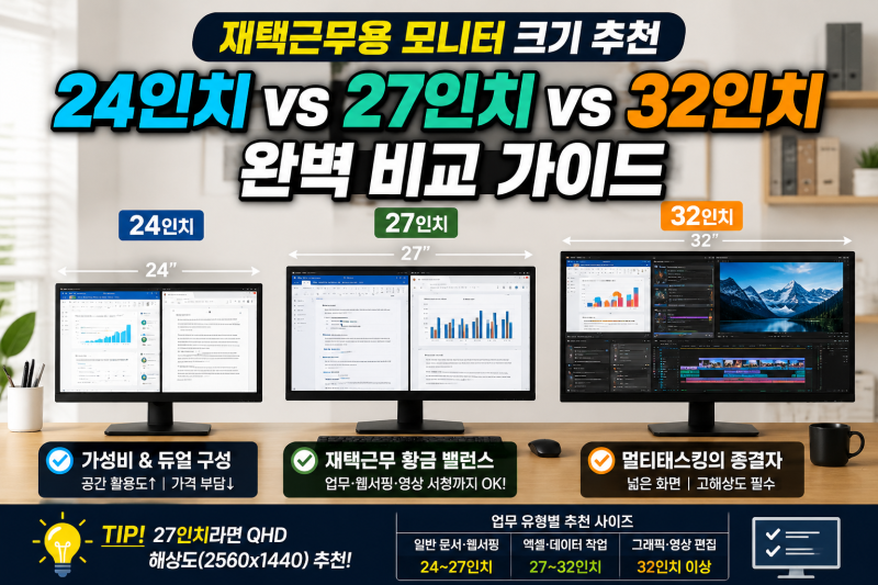 재택근무용 모니터 크기 추천, 24인치 vs 27인치 vs 32인치 완벽 비교 가이드