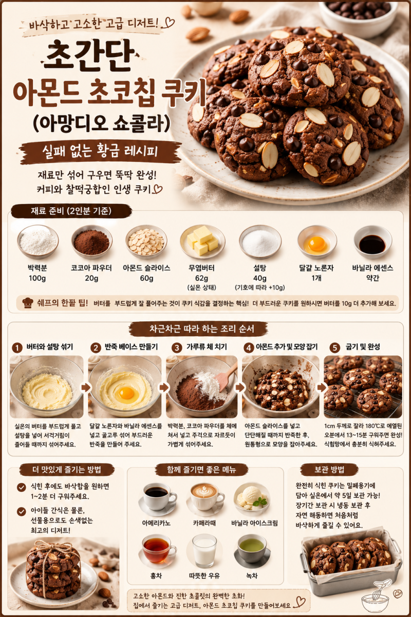 초간단 아몬드 초코칩 쿠키 레시피,바삭하고 고소한 홈베이킹 황금레시피