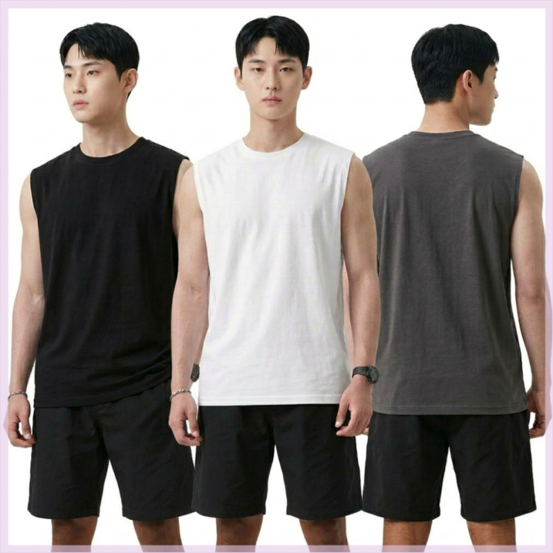 쾌적한 통기성과 탄탄한 핏감으로 운동 효율 높여주는 남자 나시 오버핏 면 티 무지 민소매 ....