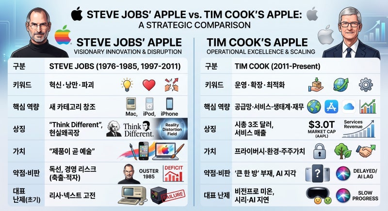 스티브 잡스 vs 팀 쿡의 애플 — 낭만의 하이테크는 어디로 갔나 (애플 역사 + 두 시대 비교)