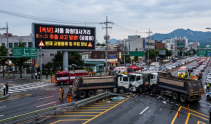 서울 <b>화랑대사거리</b> 트럭 3대 추돌 <b>사고</b> 발생! 현재 <b>교통</b>통제 및... 