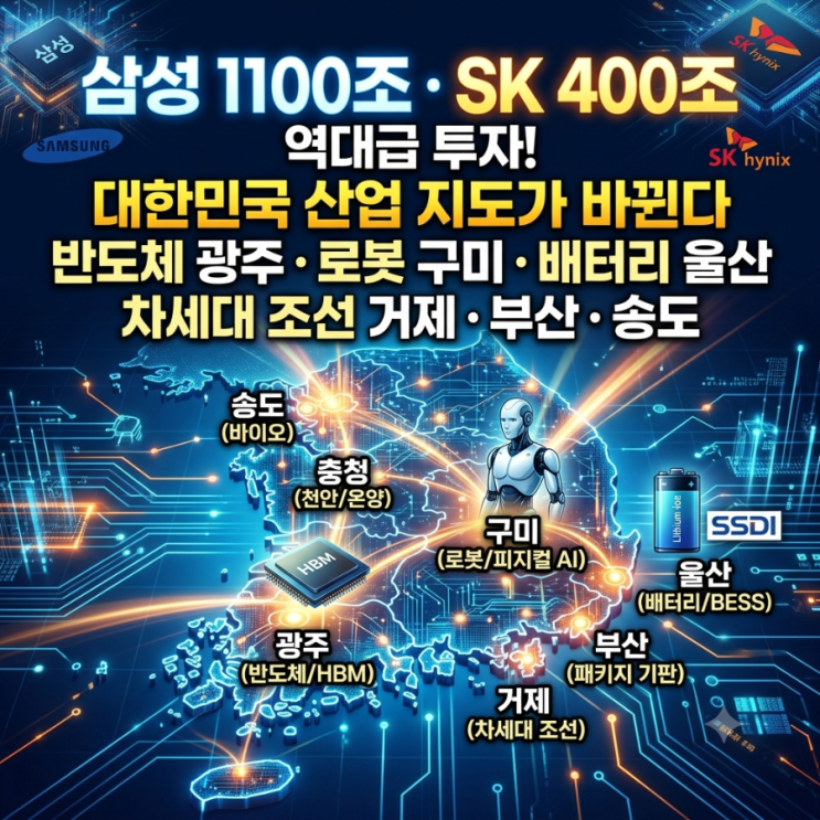 삼성 1100조·SK <b>400조</b> 역대급 <b>투자</b>! 반도체 광주·로봇 구미... 