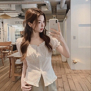 펀칭 셔링 퍼프 소매 블라우스 3주