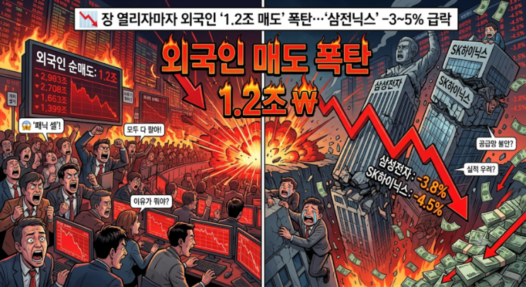 장 열리자마자 외국인 '1.2조 매도' 폭탄…'<b>삼전닉스</b>' -3~5% <b>급락</b>