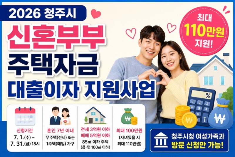 2026 청주시 신혼부부 주택자금 대출이자 지원사업 총정리! 최대 110만원 지원