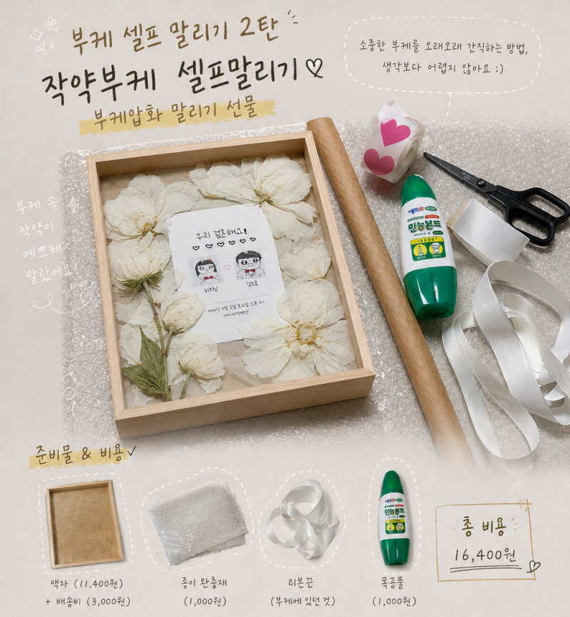 작약부케 셀프 말리기 선물 2탄, 1만 원대로 압화 청첩장 액자 만든 후기