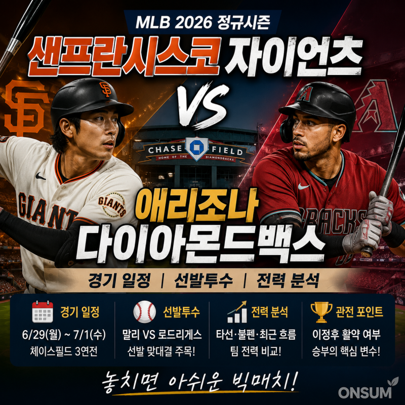 샌프란시스코 자이언츠 vs 애리조나 다이아몬드백스｜경기 일정·선발투수·전력 분석 총정....