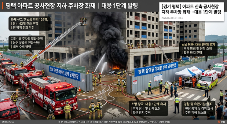 [경기 <b>평택</b>] 아파트 신축 공사현장 지하 주차장 <b>화재</b>…대응 1단계 발....