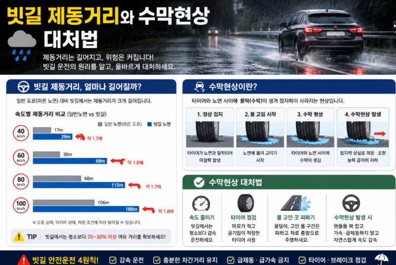 빗길 제동거리와 수막현상 대처법