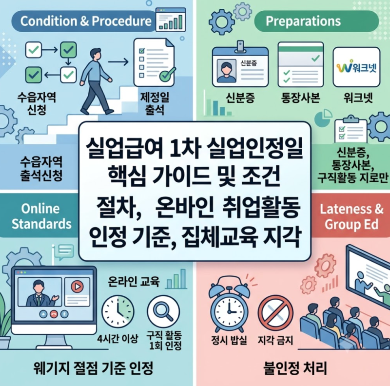 실업급여 1차 실업인정일 조건, 절차, 준비물, 온라인 취업활동 인정 기준, 집체교육 지각