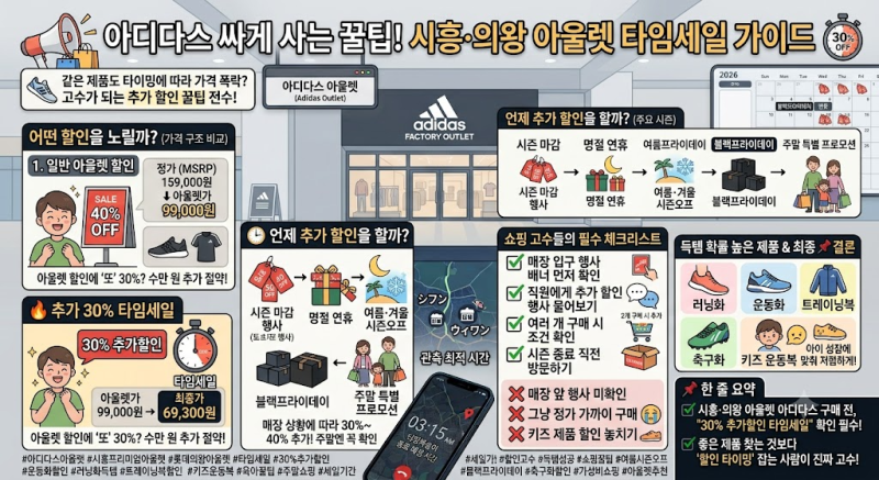 아디다스 싸게 사는 꿀팁! 시흥·의왕 아울렛 갈 땐 꼭 "30% 추가할인 타임세일" 확인하세요