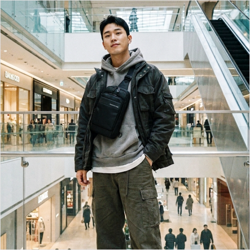 쌤소나이트 레드 남자 슬링백 아셀(ASSEL), 출퇴근 지옥철에서 메신저백처럼 옆으로 멨다가 어....