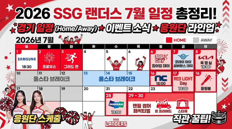 SSG 랜더스 7월 경기 일정 공개! 7월 응원단 라인업과 이벤트 일정까지 총정리