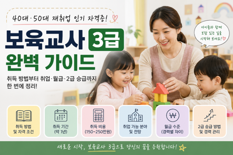 40대·50대 재취업, 보육교사 3급 자격증 취득 방법부터 비용·기간·취업 전망·월급·2급 승급....