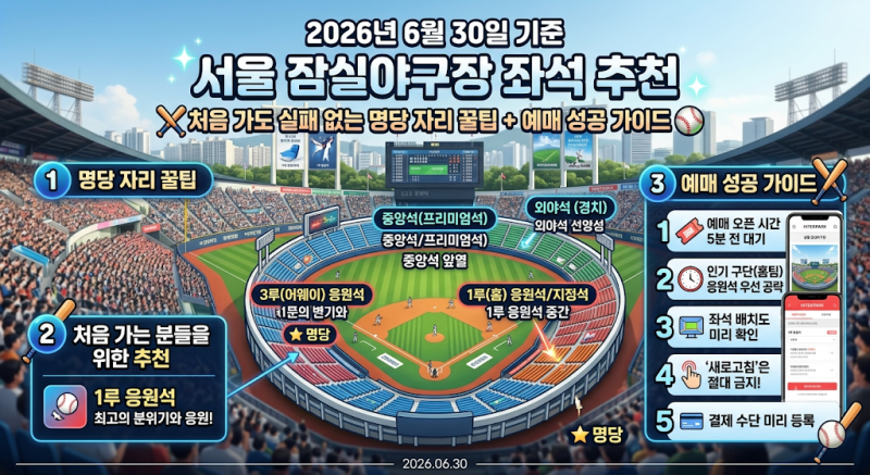 2026년 6월 30일 기준 서울 잠실야구장 좌석 추천처음 가도 실패 없는 명당 자리 꿀팁 + 예매 성....