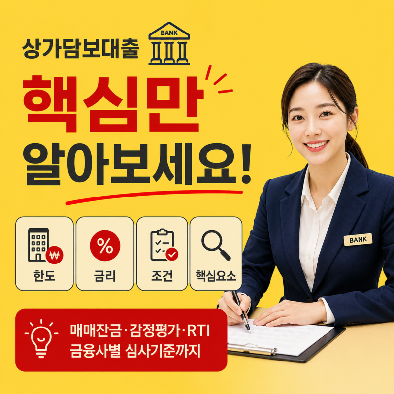 상가담보대출 한도·금리·조건 핵심｜근린생활시설 매매잔금, 감정평가·RTI·금융사별 심사....