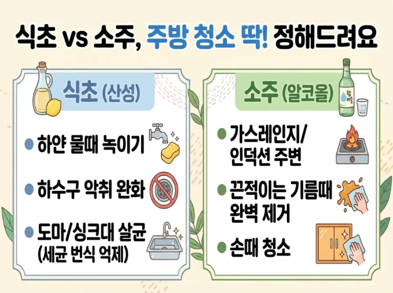 식초 소주 활용 주방 청소법! 장마철 악취 잡고 가스레인지 기름때, 배수구 수전헤드까지 완....