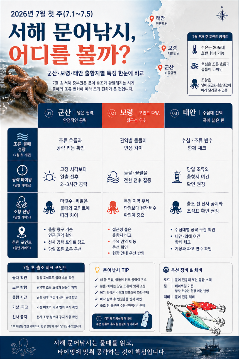7월 첫째 주 서해권 문어낚시 물때 총정리: 군산·보령·태안 출조 전 꼭 볼 체크포인트