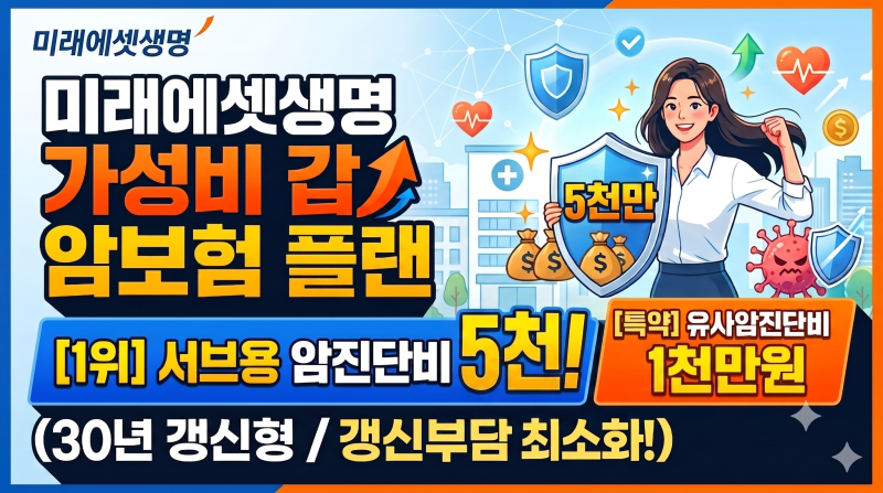 미래에셋생명 서브용 암진단비 5천,유사암진단비 1천만원 30년갱신 가성비 2만원대 플랜