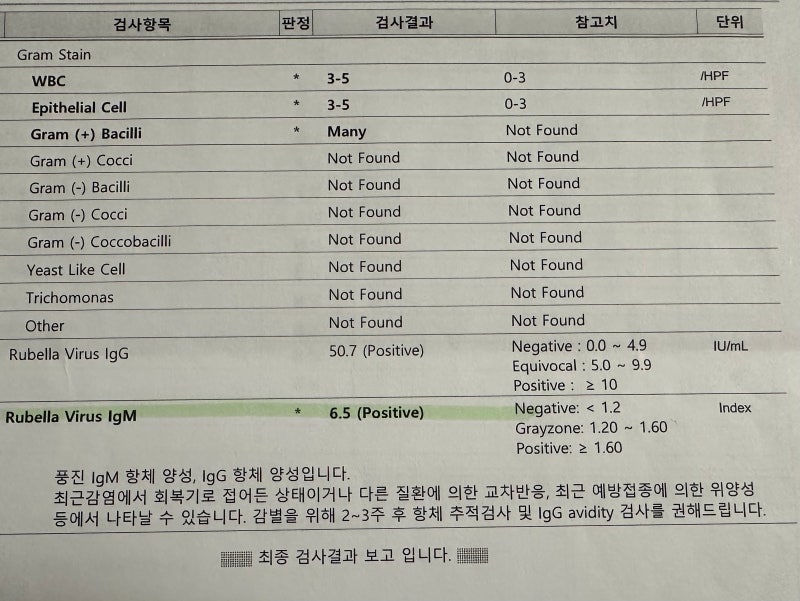 임신 준비 중 풍진(IgG/IgM) 양성일 경우