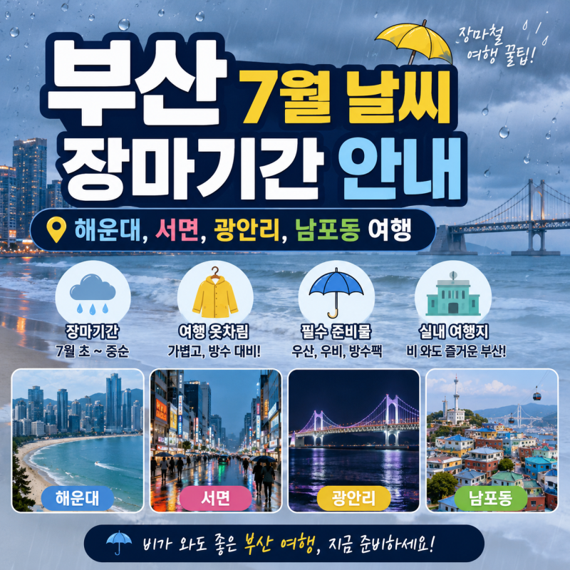부산 7월 날씨 장마기간 안내｜해운대, 서면, 광안리, 남포동 여행 옷차림·실내 여행지 추천