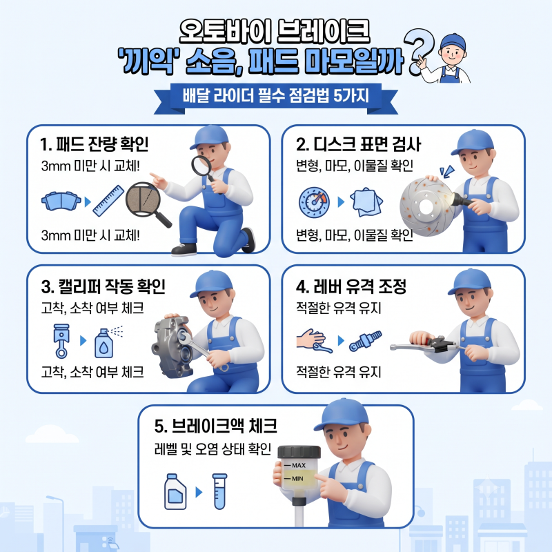 오토바이 브레이크 '끼익' 소음, 패드 마모일까? 배달 라이더 필수 점검법 5가지
