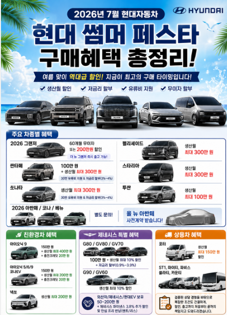 2026년 7월 현대자동차 구매혜택 총정리! 현대 썸머 페스타 시작! (군산 현대자동차 김지원 카....