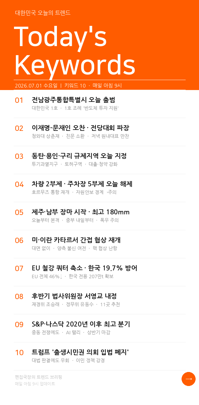 7월 1일 오늘의 뉴스 정리 | 광주통합출범·이재명문재인오찬·동탄규제지역·장마시작 핵심 ....