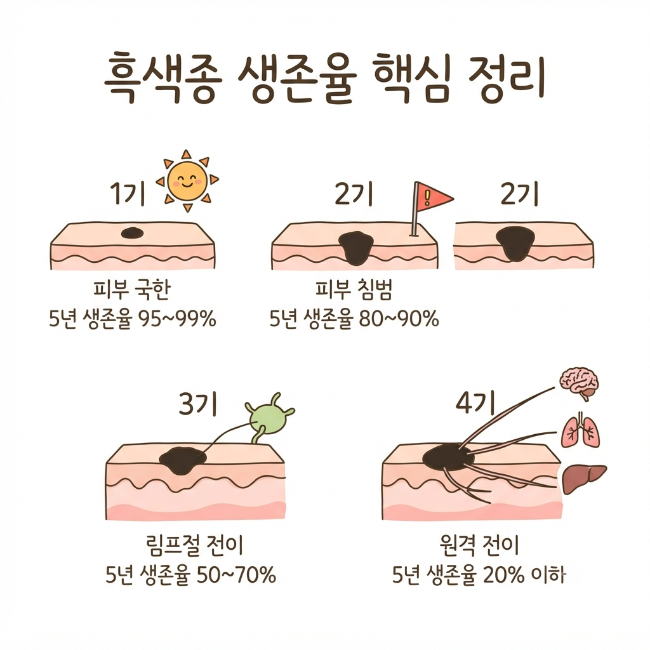흑색종 생존율 총정리｜병기별 예후와 생존율 구조 완전 정리