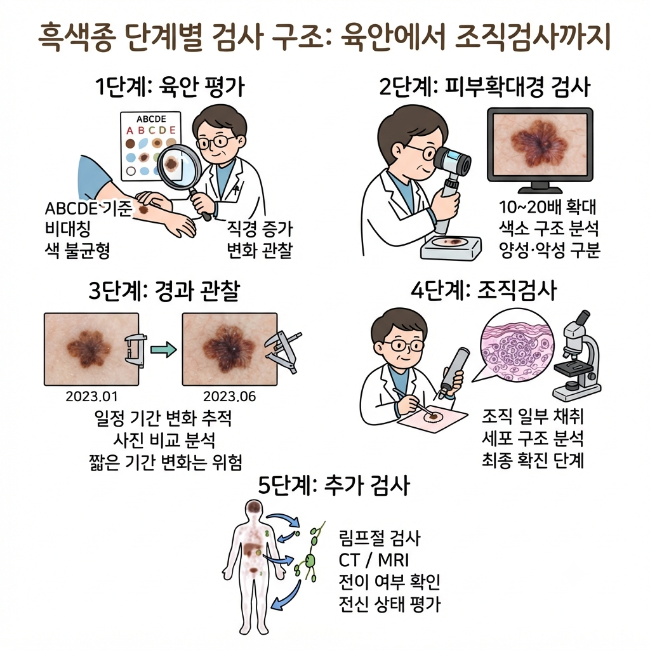 흑색종 검사 방법 총정리｜피부확대경부터 조직검사까지 단계별 진단 구조