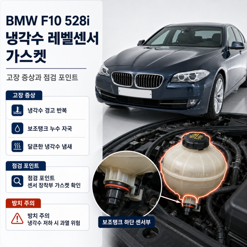 BMW F10 528i 냉각수 레벨센서 가스켓 고장 증상과 누수 확인 포인트