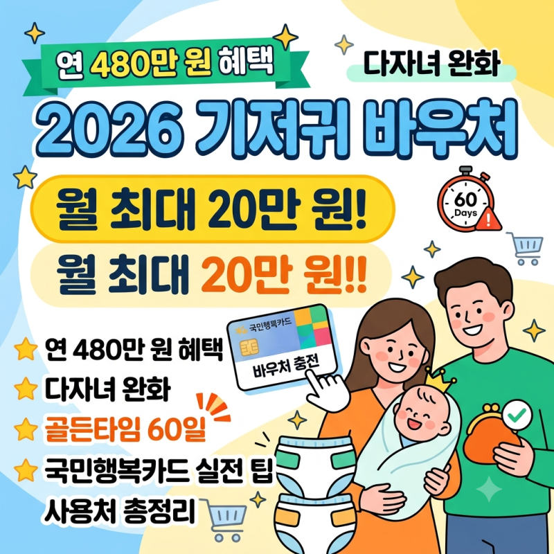 월 20만 원 지원! 2026 기저귀 바우처 신청방법, 다자녀 기준, 국민행복카드 사용처 총정리 (연 ....