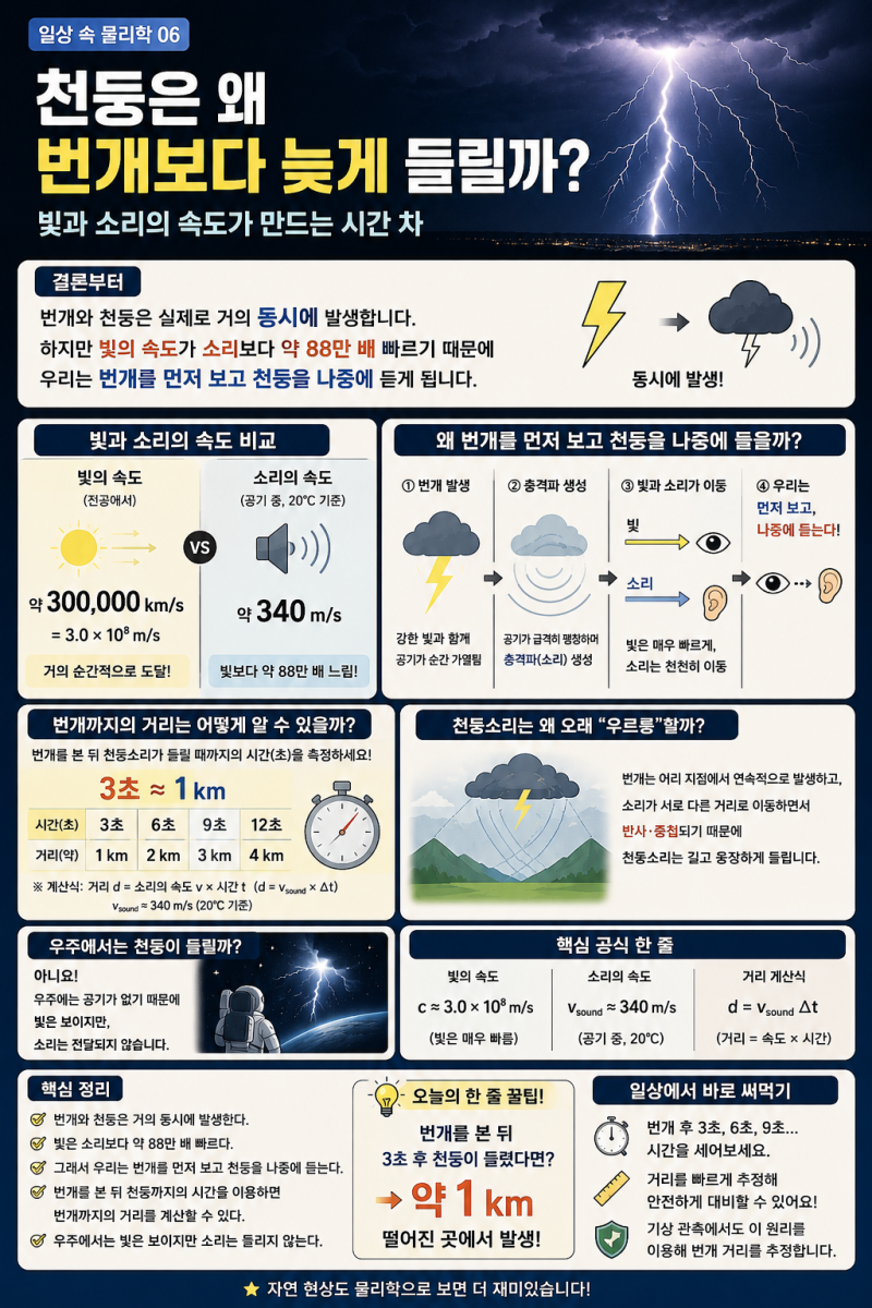 일상 속 물리학 06 | 천둥은 왜 번개보다 늦게 들릴까? — 빛과 소리의 속도가 만드는 시간 차