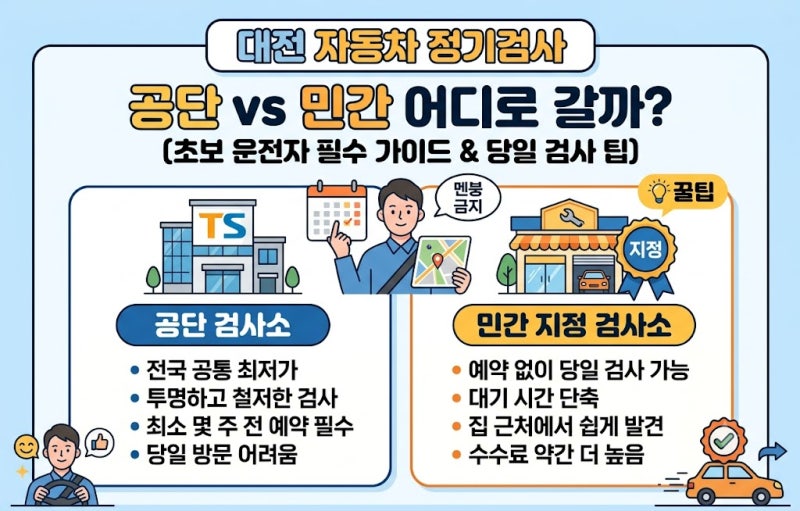 대전 자동차 정기검사, 공단 vs 민간 어디로 갈까? (초보 운전자 필수 가이드 & 당일 검사 팁)