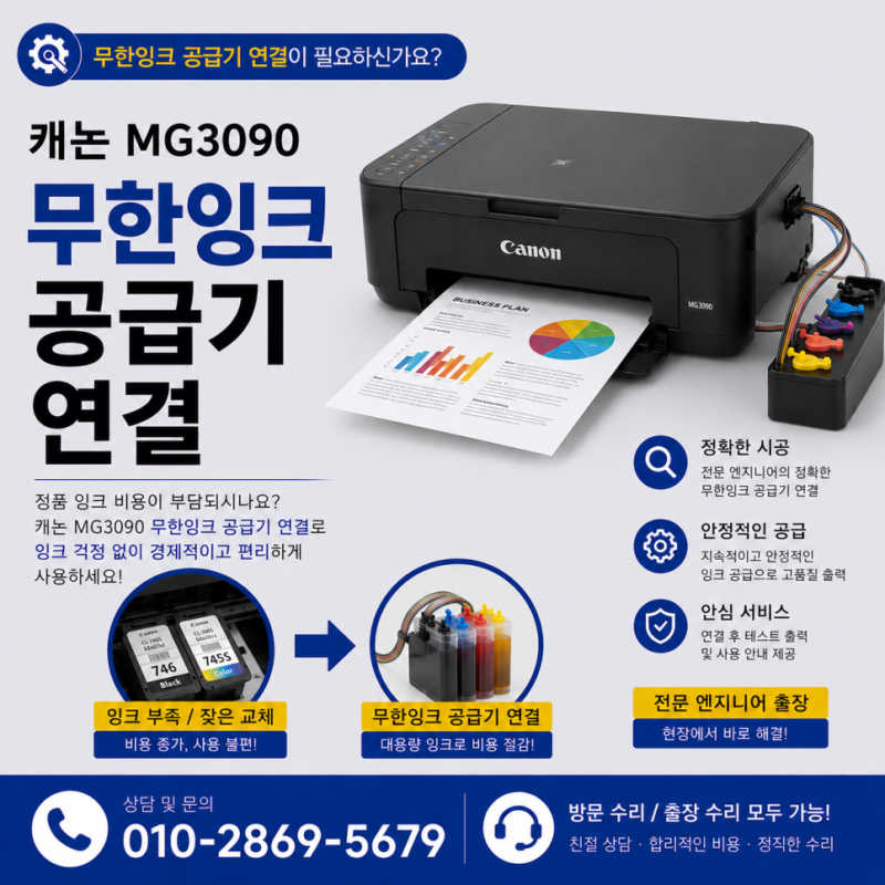 서울 영등포 당산동 캐논 MG3090 무한잉크 공급기 설치 정품 카트리지 교체