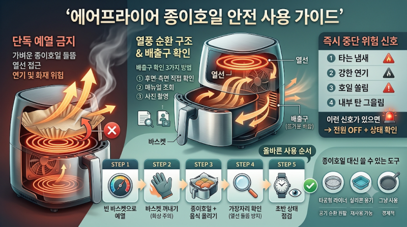 에어프라이어에 종이호일만 넣고 예열하면 안 되는 이유 — 배출구 위치 확인법과 올바른 사....