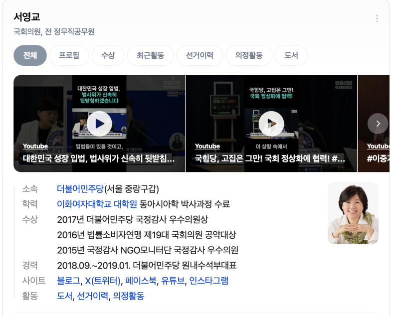 서영교 의원 프로필 분석 및 정리