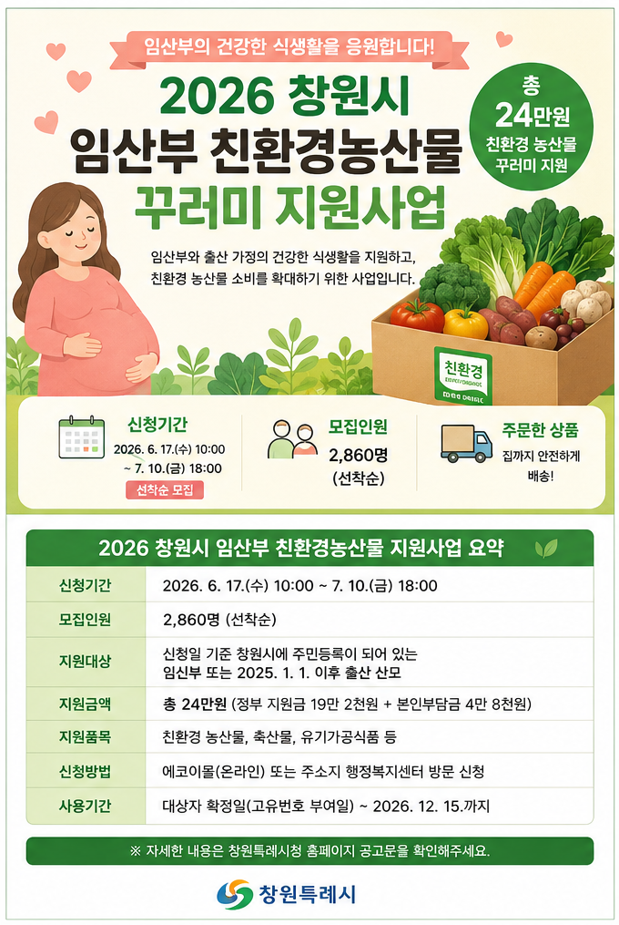 [2026 창원 임산부 친환경 농산물 꾸러미 지원사업] 신청 방법 총정리 (신청기간·대상·혜택)