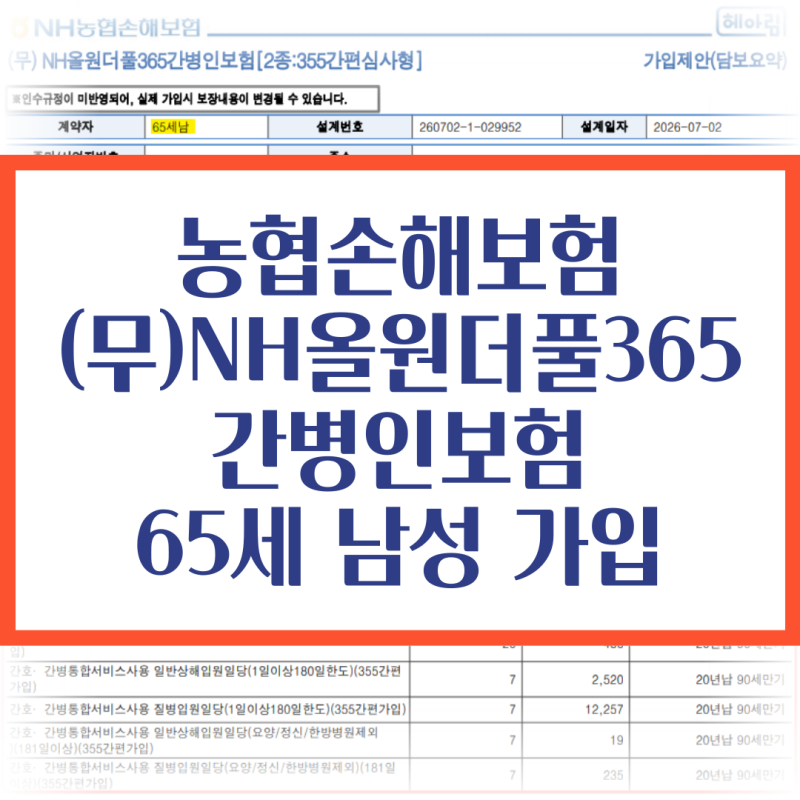 농협손해보험 NH올원더풀365일간병인보험 65세남성 가입하기