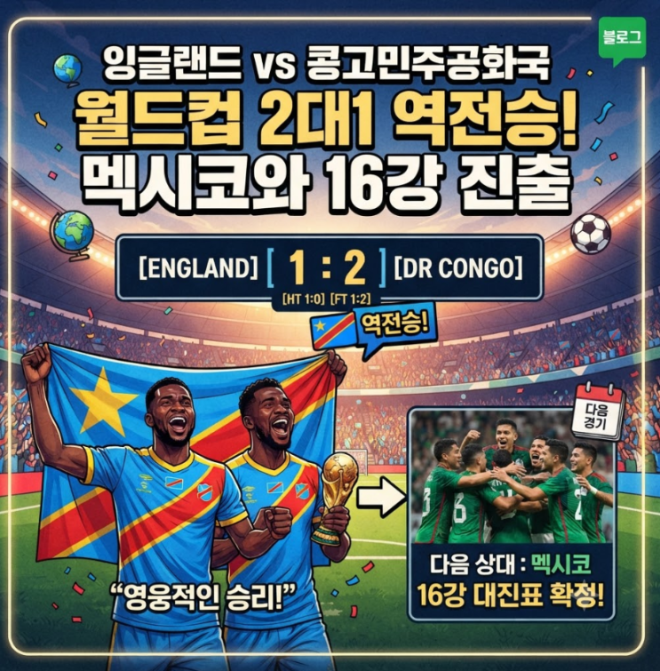 콩고민주공화국 vs <b>잉글랜드</b> 월드컵 1대2 <b>역전승</b>, 멕시코와... 