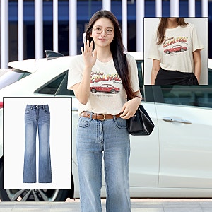 레드벨벳 예리 공항패션 옷 착장 정보 시슬리 반팔티셔츠 프린트 티셔츠 데님 팬츠 청바지 ....
