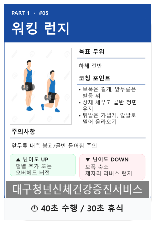 엉덩이 어디까지 올라가는 거예요? 힙업대장운동 워킹 런지:대구청년신체건강(feat. 동작카드....