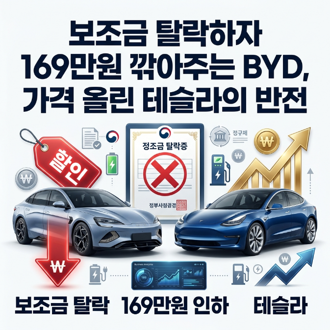 보조금 탈락하자 169만원 깎아주는 BYD, 가격 올린 테슬라의 반전