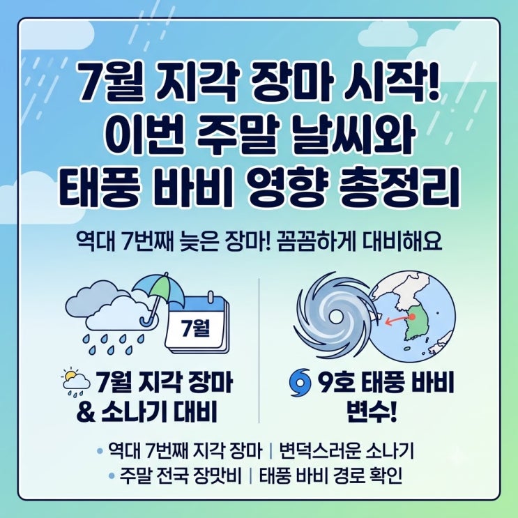 주말 소나기 비 소식 날씨 <b>9호 태풍 바비</b> 영향 총정리