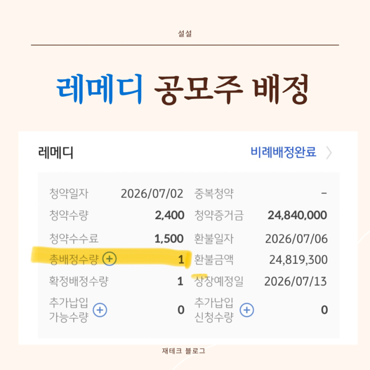<b>레메디</b> 공모주 배정결과. 또 1주ㅠㅠ