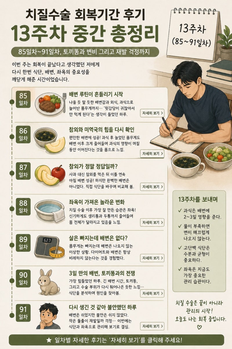 치질 수술 회복 기간 후기 13주 차 중간 총정리(85일차~91일차) 토끼똥과 변비 그리고 재발 걱....