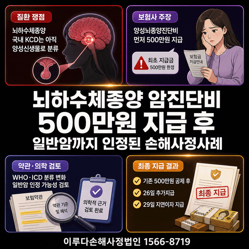 뇌하수체종양 암진단비 양성뇌종양으로 500만 원 지급 후 일반암까지 인정된 손해사정사례!
