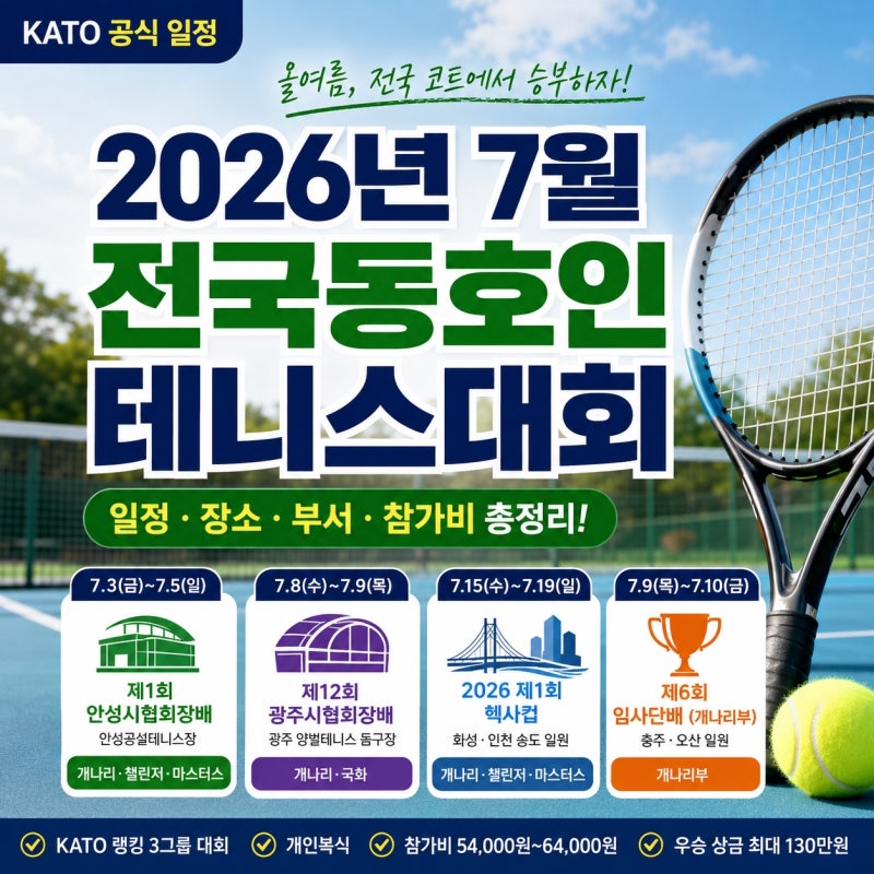 2026년 7월 전국동호인 테니스대회 일정 총정리｜KATO 안성·광주·헥사컵 접수 정보