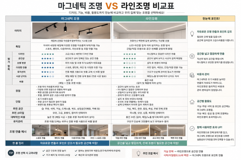 마그네틱 조명 vs 라인조명 비교｜장단점부터 비용, 시공, 추천 공간까지 한눈에 정리