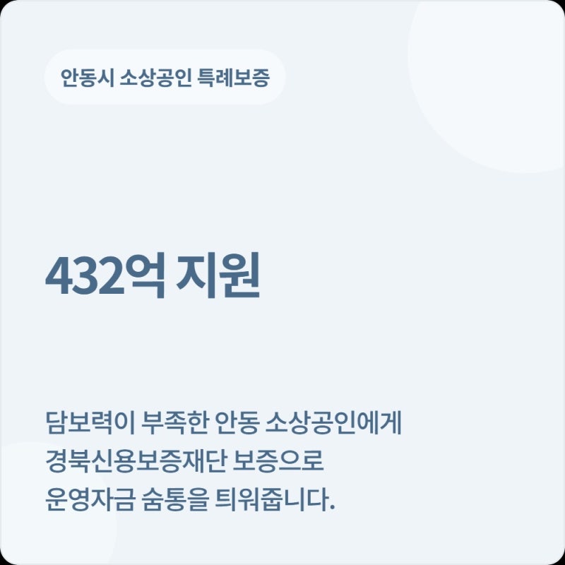 담보 부족한 안동시 소상공인 운영자금 대출 숨통! 432억 원 규모 경북신용보증재단 특례보증....
